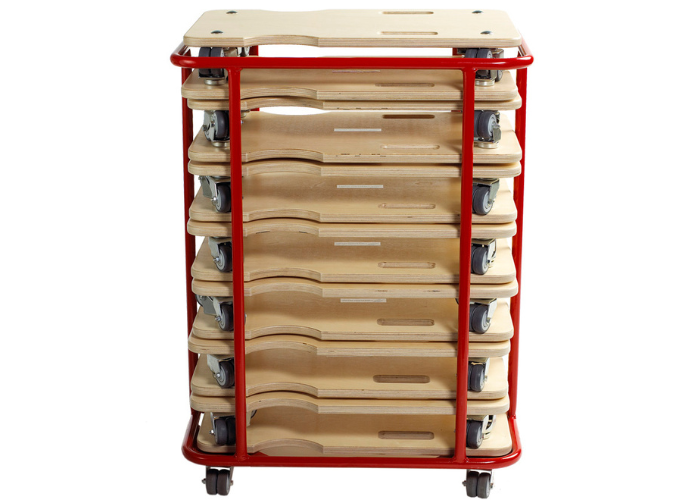 Opbevaringsvogn til 14 stk. rullebrædder.
4 stk. 360 graders dobbelthjul.
Lakeret.