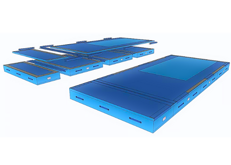 TEAMGYM Landingsmåtte består af følgende:

3 stk. nedspringsmåtter B200xL300 cm
1 stk. nedspringsmåtte B100xL300 cm
1 stk. Overlægsmåtte B300x600 cm
1 stk. overlægsmåtte B300x100 cm
1 stk. crashmåtte B300x400 cm


Overlægsmåtte og crachmåtte er marke