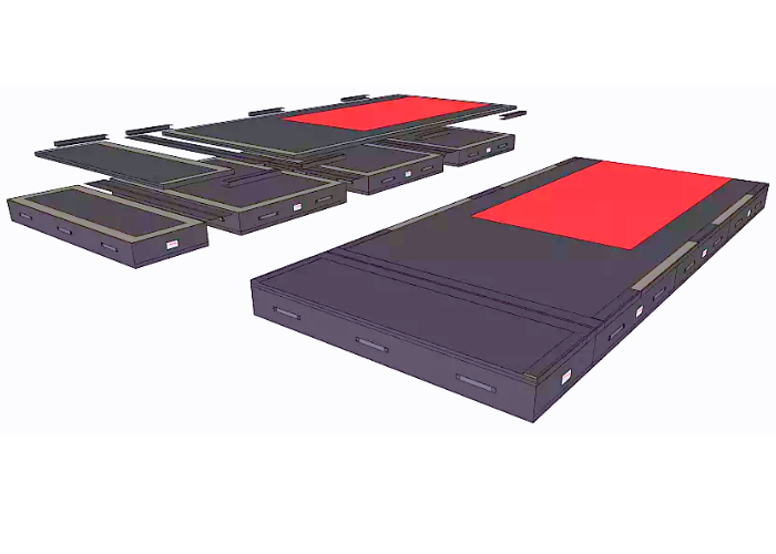 TEAMGYM Landingsmåtte består af følgende:

3 stk. nedspringsmåtter B200xL300 cm
1 stk. nedspringsmåtte B100xL300 cm
1 stk. Overlægsmåtte B300x600 cm
1 stk. overlægsmåtte B300x100 cm
1 stk. crashmåtte B300x400 cm


Overlægsmåtte og crachmåtte er marke