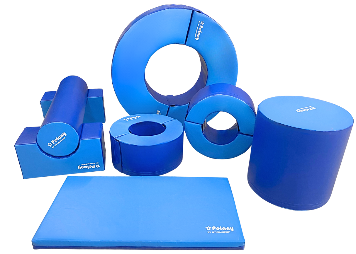 Modul 8. Består af 9 forskellige moduler.
1 lille cylinder
2 firkanter, hvor den lille cylinderen passer i.
1 stor cylinder
1 stor cirkel der kan deles
2 små cirkler
1 måtte

Sæt det sammen lige som du har lyst, det er kun fantasien der sætter grænse